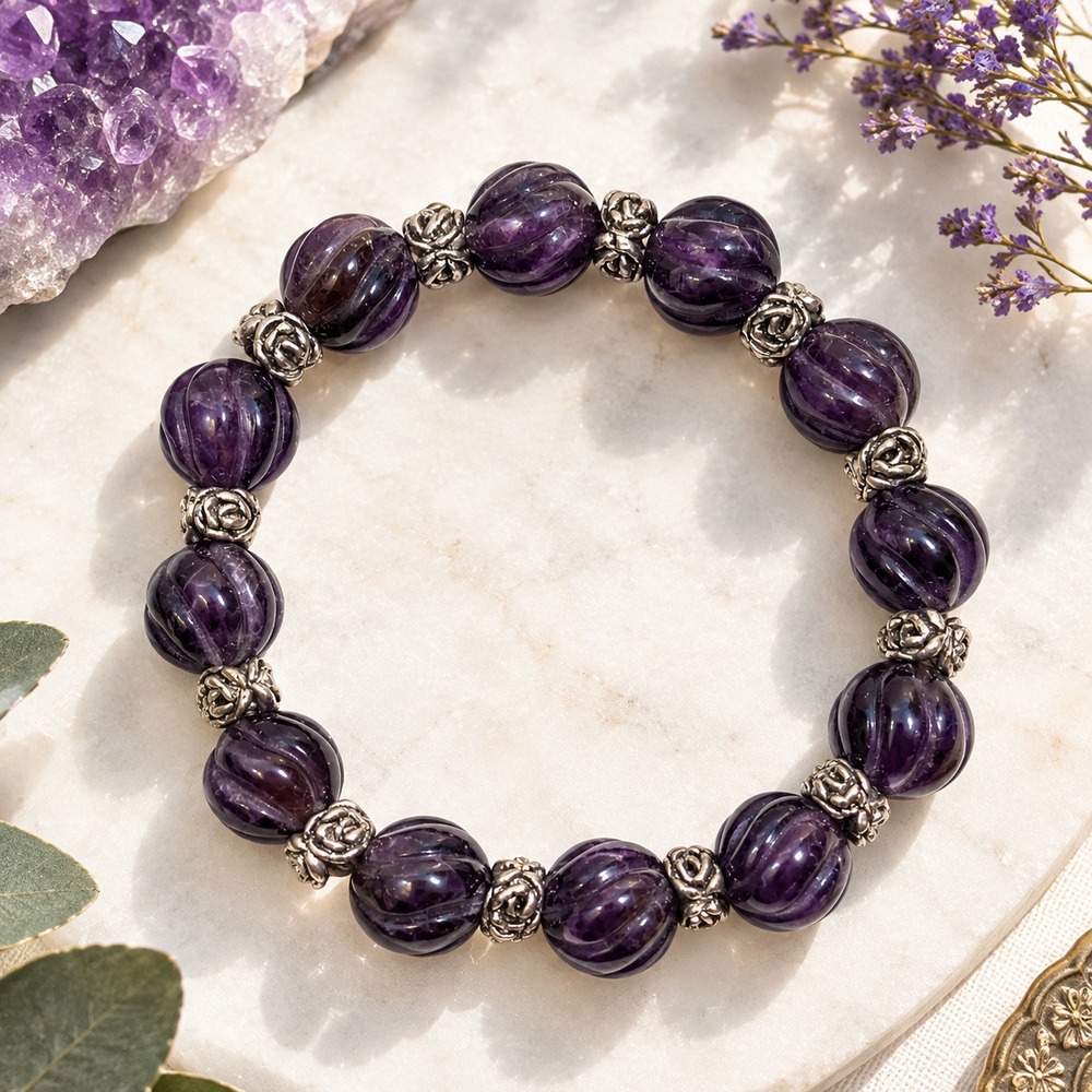 Carved Purple Melon Bead Stretch Bracelet Silver Tone Rose Floral Gemstone Boho